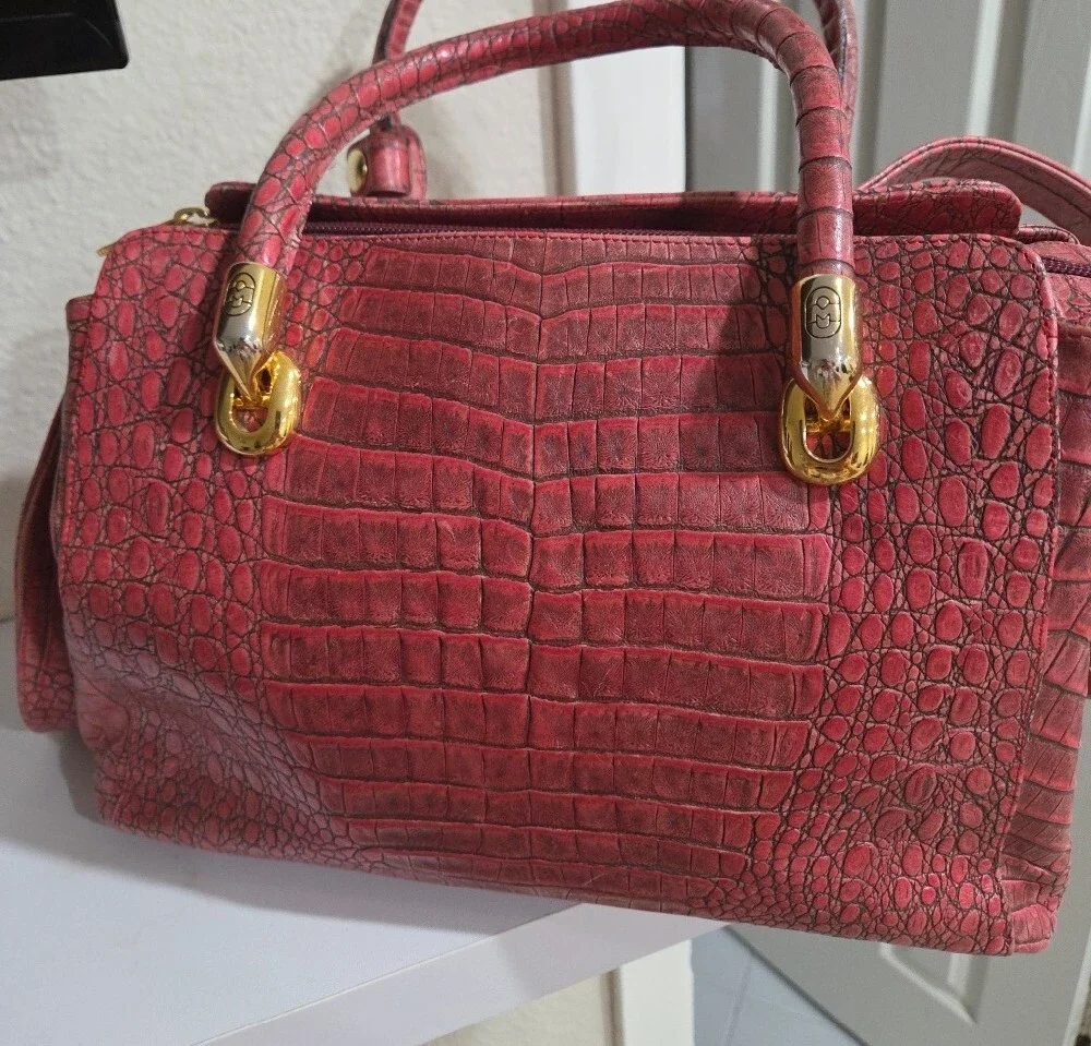 Marino Orlandi Red Croc-Embossed Satchel Handbag - Gold Hardware